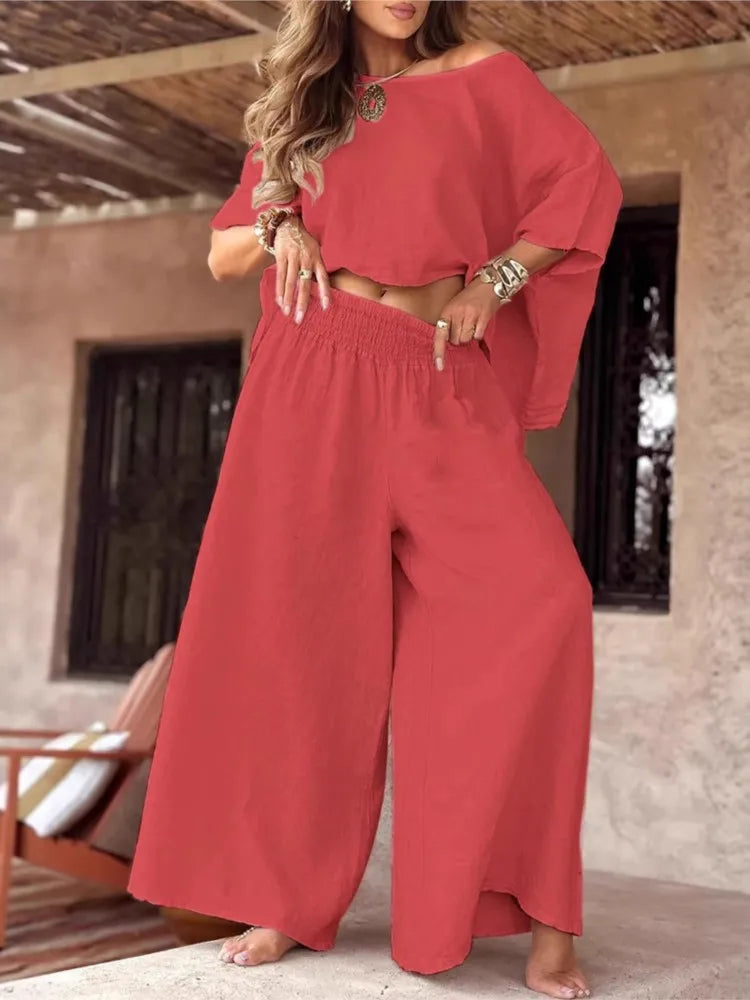 Lady Fashion 2‑Piece Off‑Shoulder Wide Leg Set