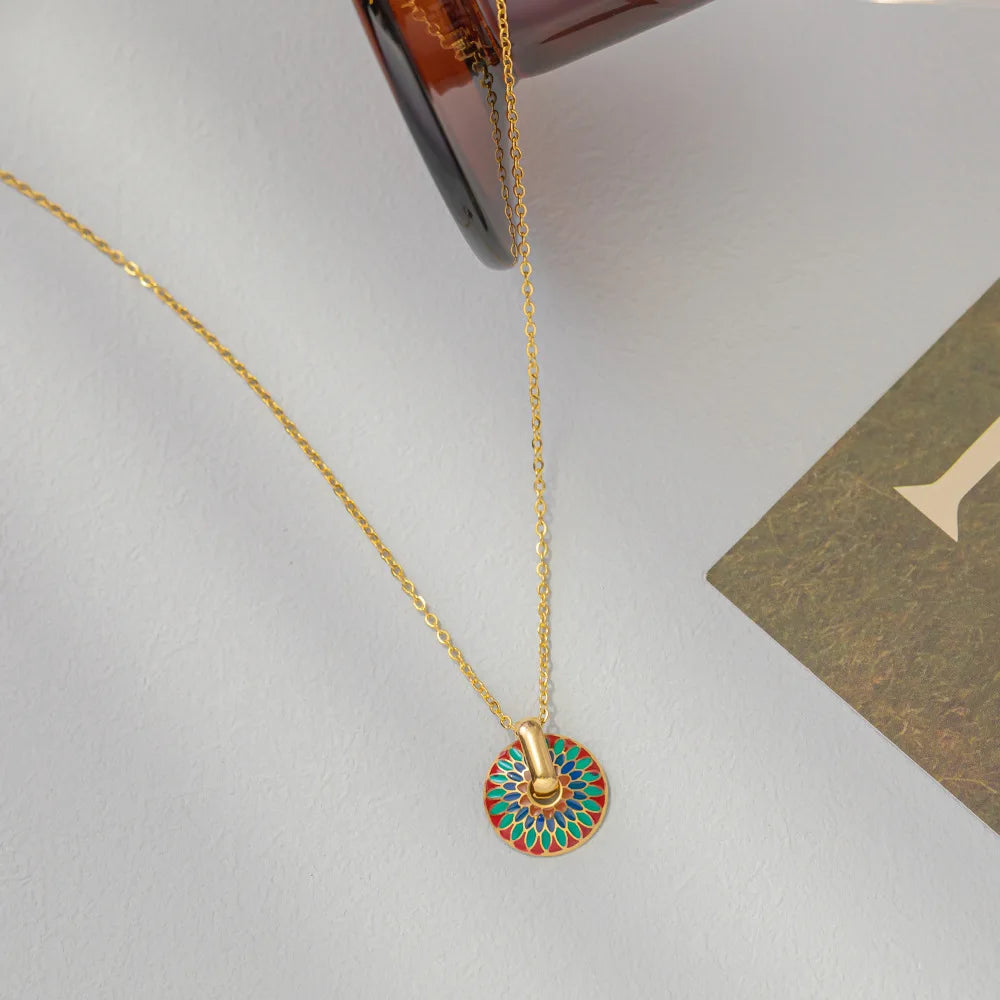 Stainless Steel Vintage Painted Flower Pendant Necklace & Earrings Set