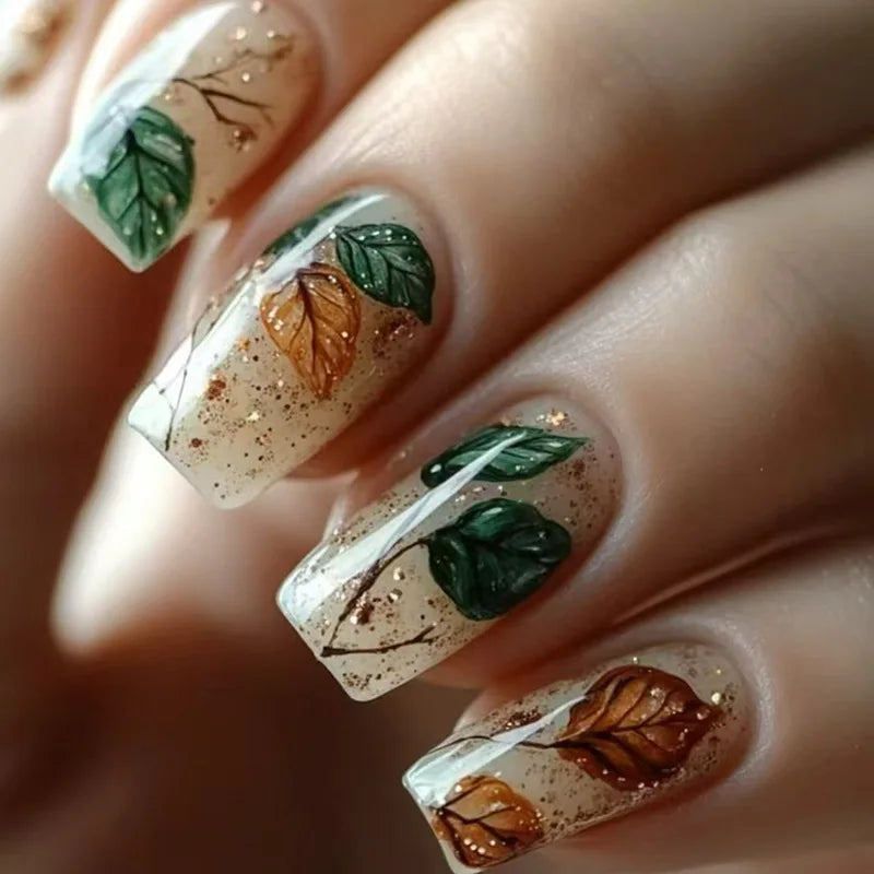 24Pcs Mid-length Square Press-On Nails with Golden Butterfly Design