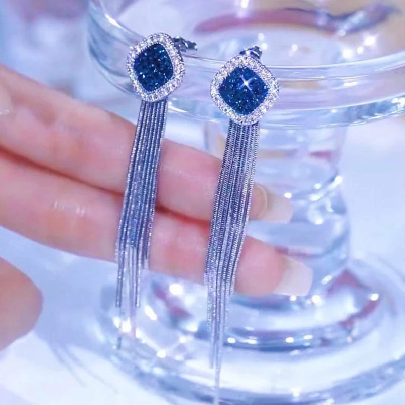 Square Blue Zircon Long Tassel Stud Earrings – Elegant Sparkle for Every Special Moment