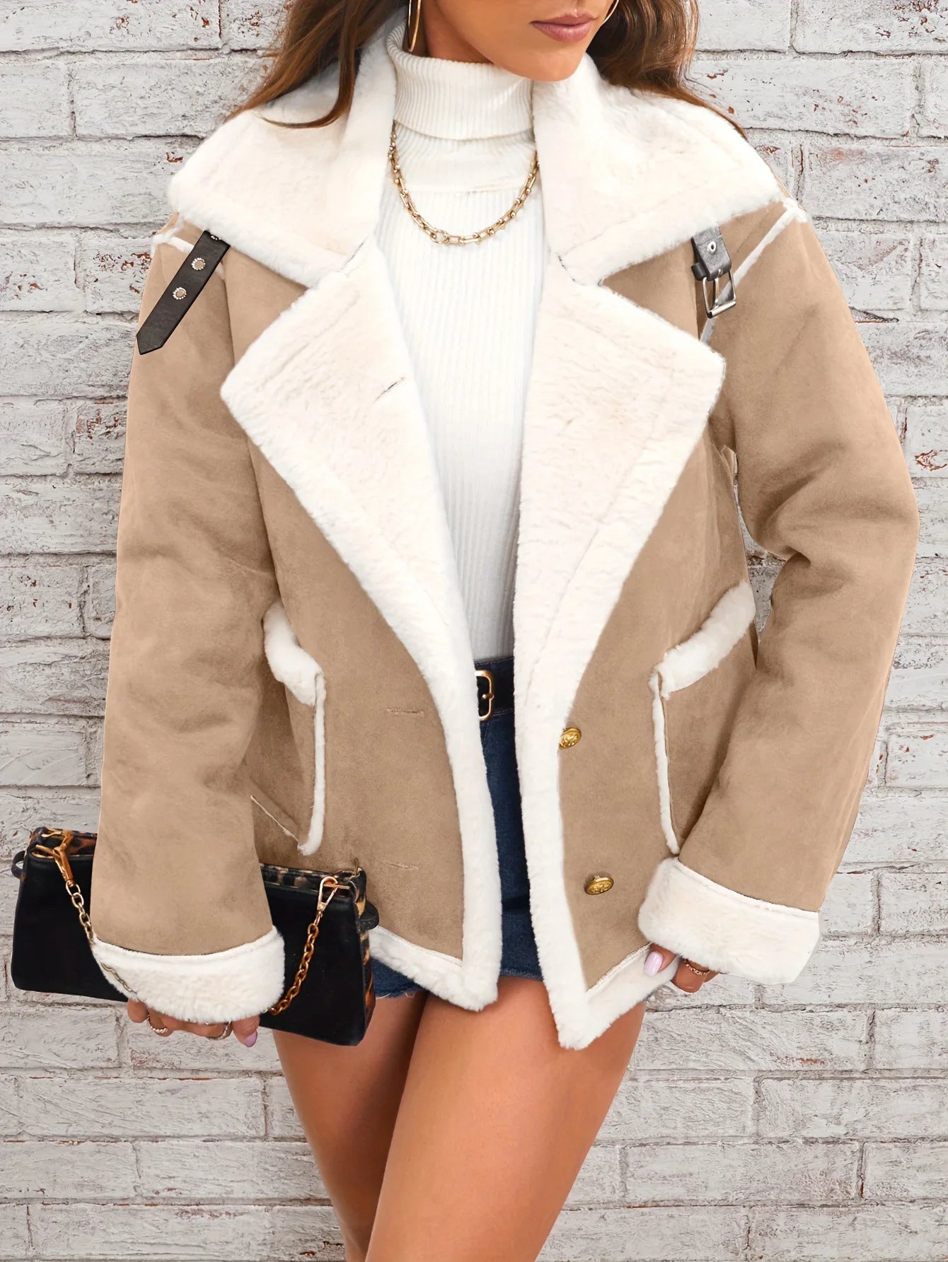 Turn Down Collar Shearling Jacket Casual Short Coat