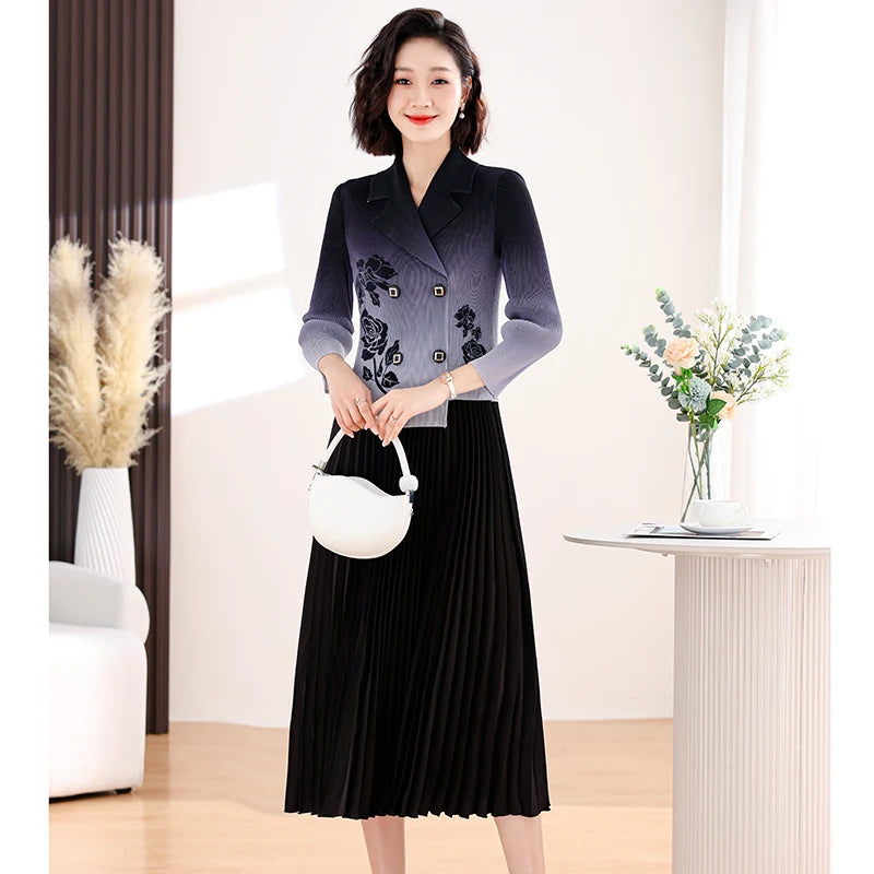 Spring New Suit Collar Flower Print Temperament Waist Wrap Gradient Fake Two Piece Pleated Dress