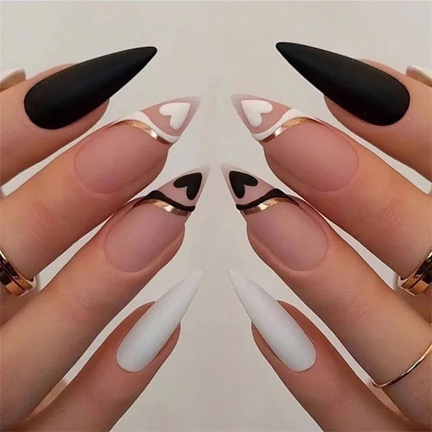 24Pcs/Set Long French Heart Gold Thread Fake Nails