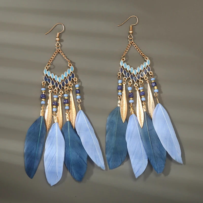 Boho Long Feather Dangle Earrings – Handmade Tassel & Enamel Flower Statement Jewelry for Women