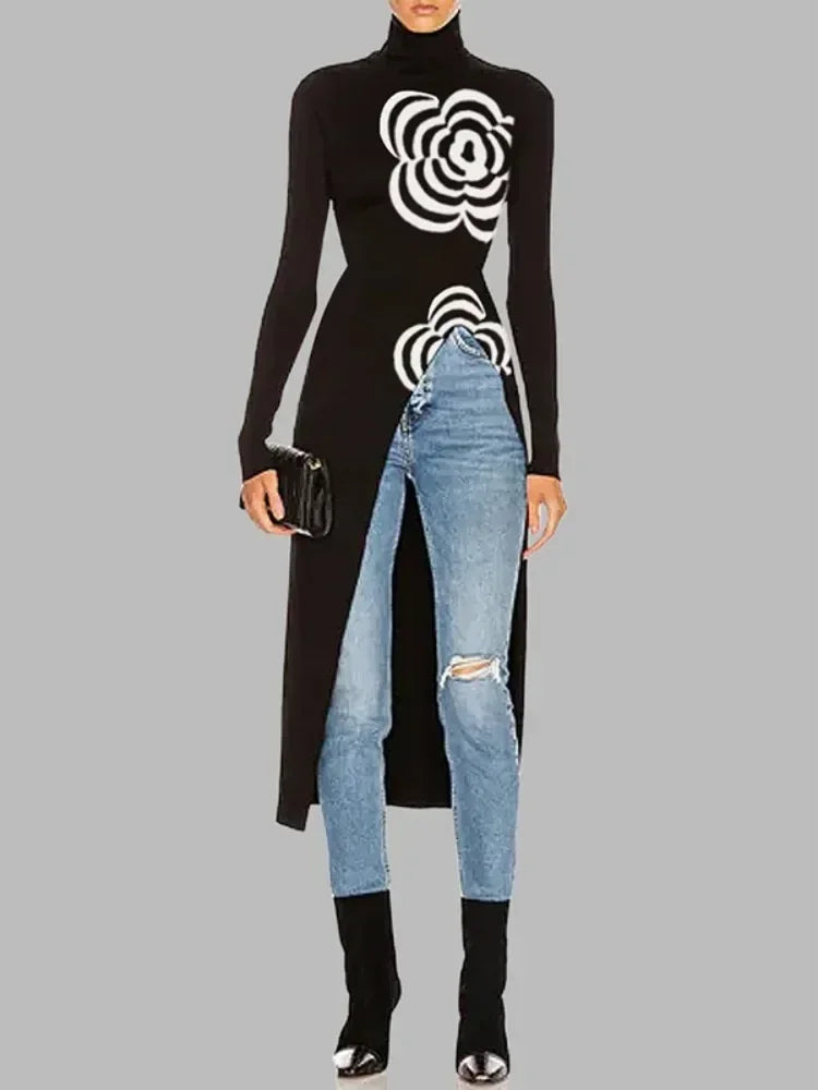 Winter Knitted  Black Flower Design Slim Fit Asymmetric High Neck Long Sweaters