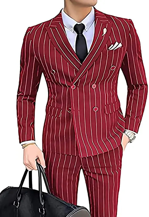 Double-breasted Wedding Groomman Pinstripe Notched Lapel For  (Blazer+Pants)