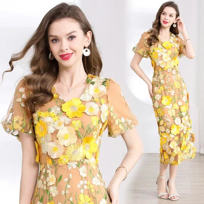 Summer High-end Embroidery Lace 3D Flower Short Sleeve Long Dress