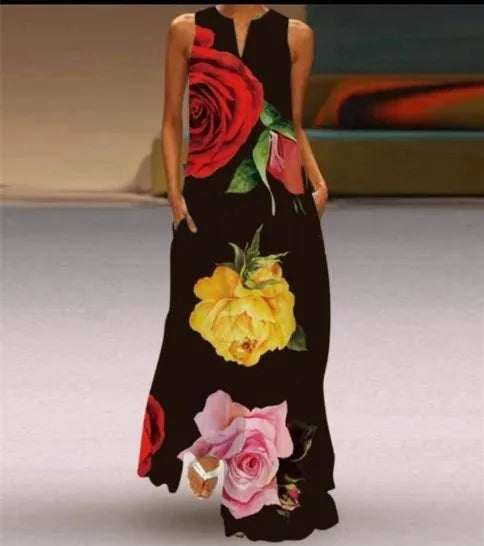 Summer Dress Sleeveless V Neck Floral Letter Print Maxi Long Dresses