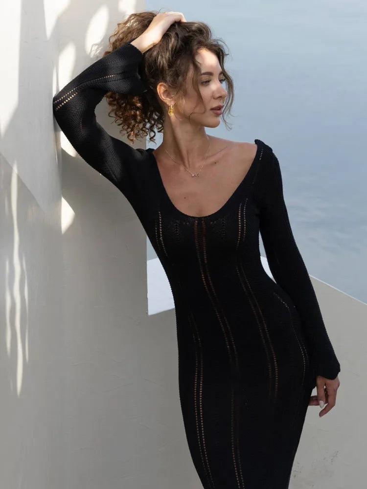 Elegant Knitted Sweater Long Sleeved V-neck Dress
