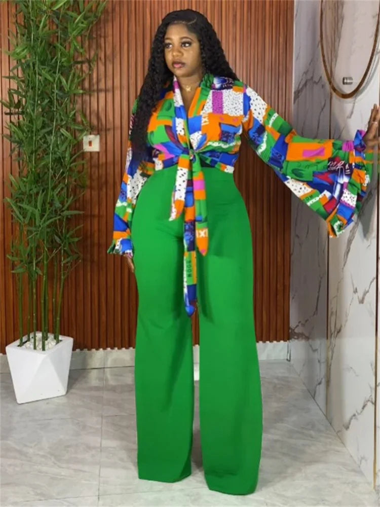 Long Sleeve Print Top & Wide Leg Pants Matching Suit for Effortless Fall Style