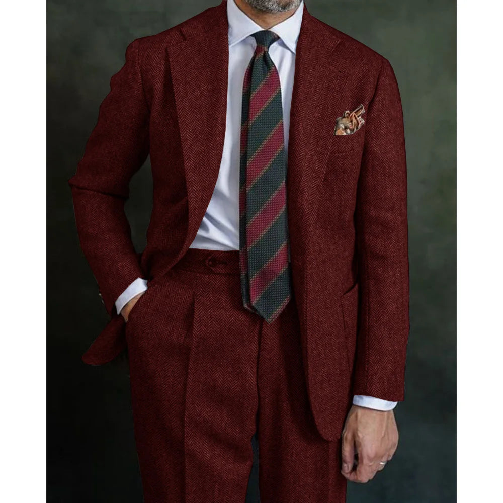 Classic Men’s Three‑Piece Herringbone Suit Set – Blazer, Vest &amp; Pants in Coarse Wool Blend