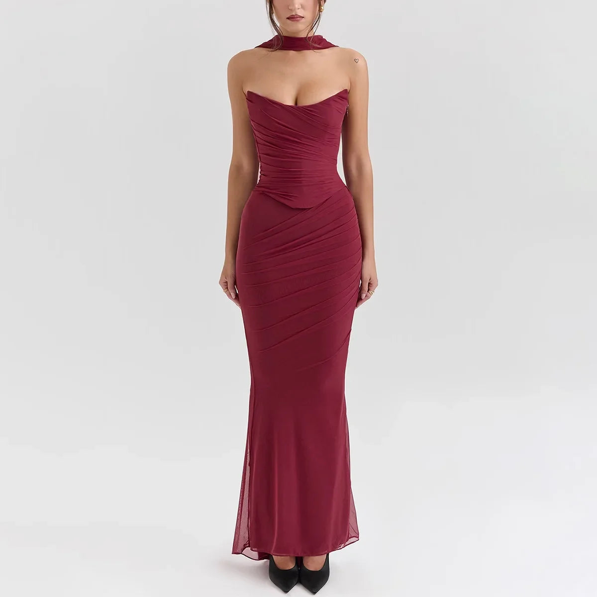 Elegant Sexy Cropped Top and Long Dress Set with Scarf