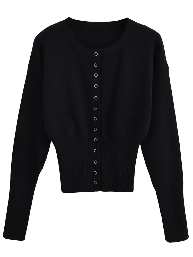 Autumn Fashion Ribbed Patchwork Slim Casual Cropped Knit Cardigan