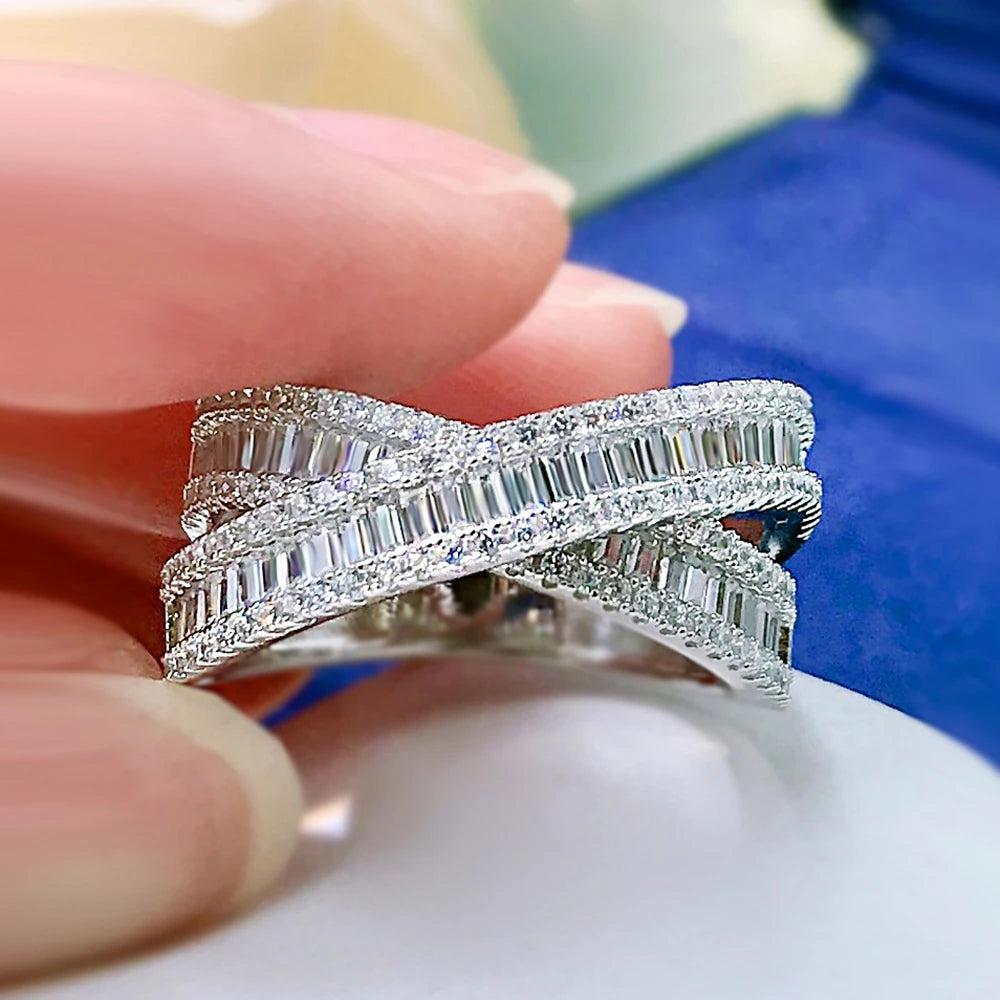 Luxury 100% 925 Real Silver High Carbon Diamond Cross Wedding Rings for Women