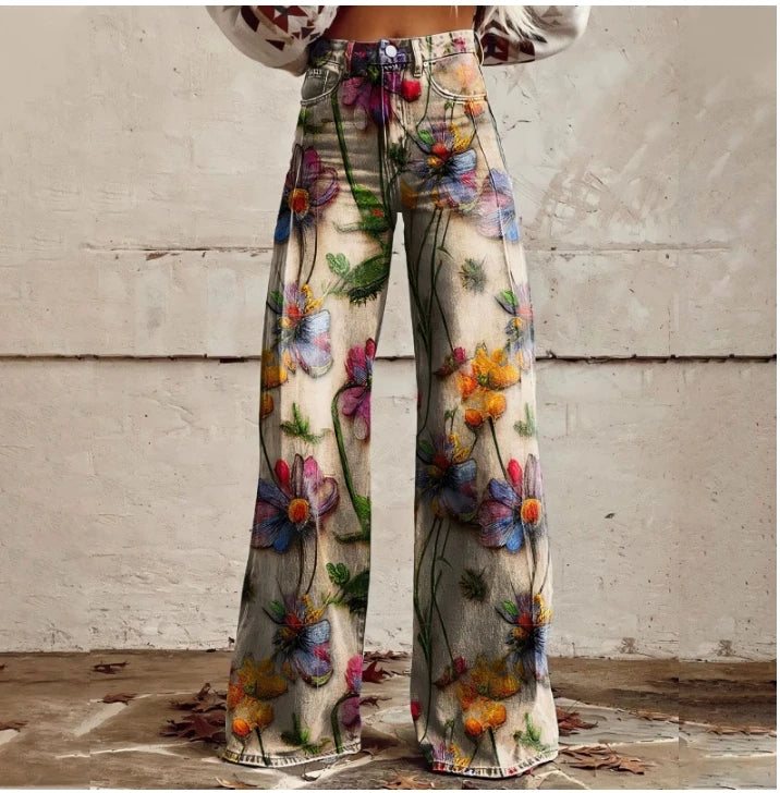 Wide-Leg Plus Size Denim-Look Casual Pants