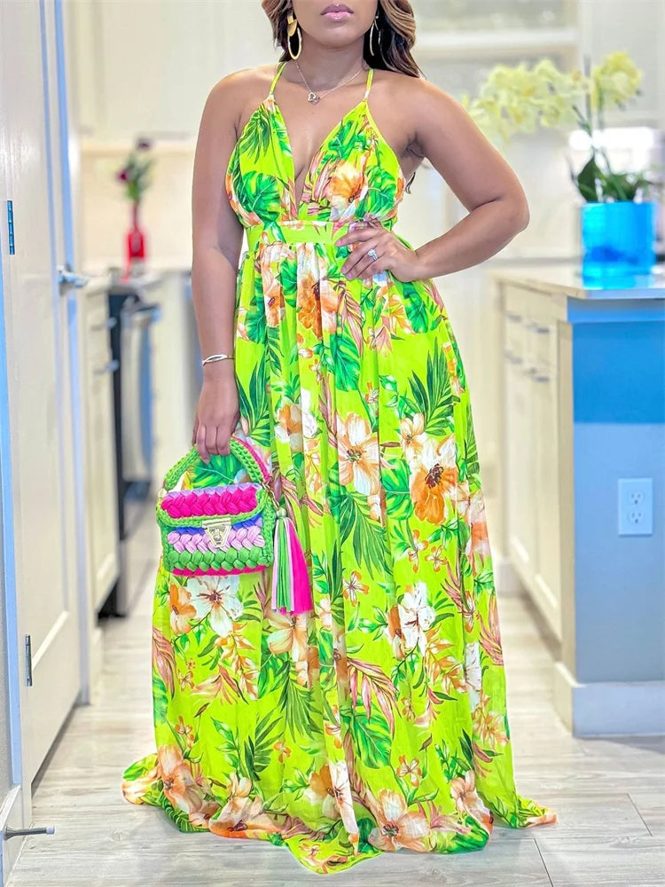 Summer Floral Print V Neck Multi Sleeveless Maxi Dresses