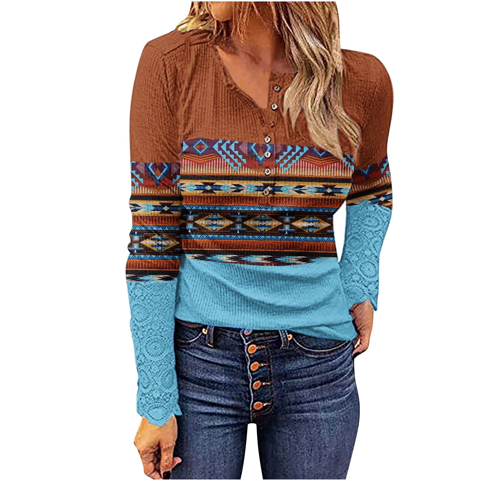 Autumn Winter Geometric Print Western Ethnic Style Casual Pullover V Neck Button Long Sleeve Shirt