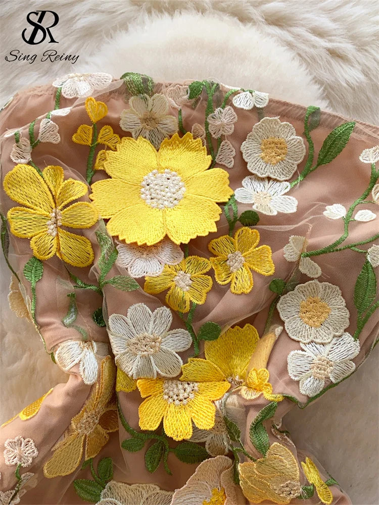 Sleeveless Zipper Design 3D Embroidery Floral Irregular Strapless Dress
