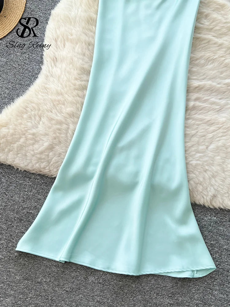 Mesh Satin Bodycon Splice Lace Up Backless Slim Hollow Out Halter  Long Dress