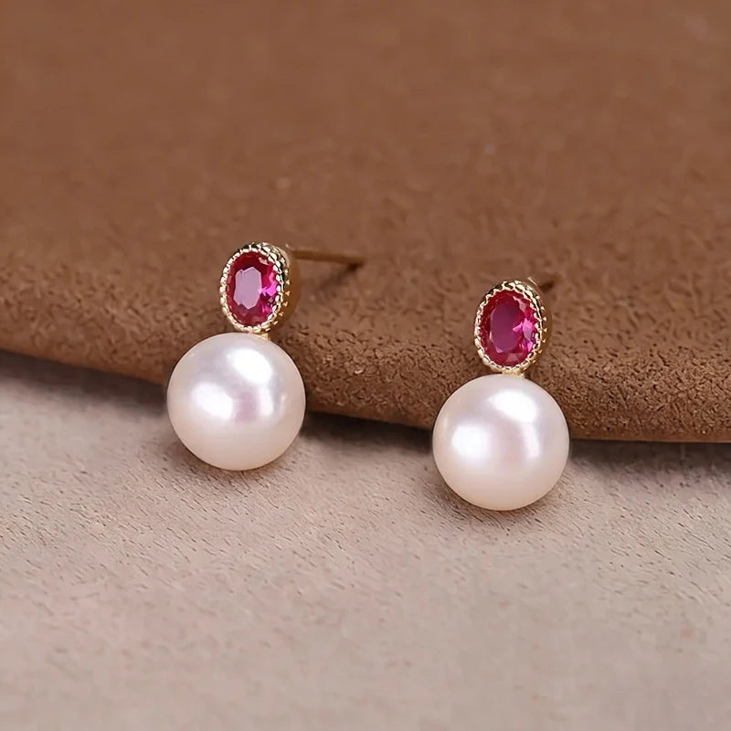 Chic Rose Red CZ & Imitation Pearl Stud Earrings