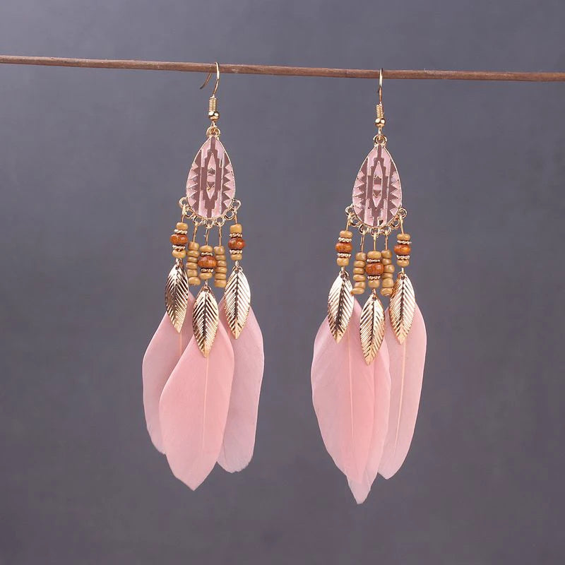 Boho Long Feather Dangle Earrings – Handmade Tassel & Enamel Flower Statement Jewelry for Women