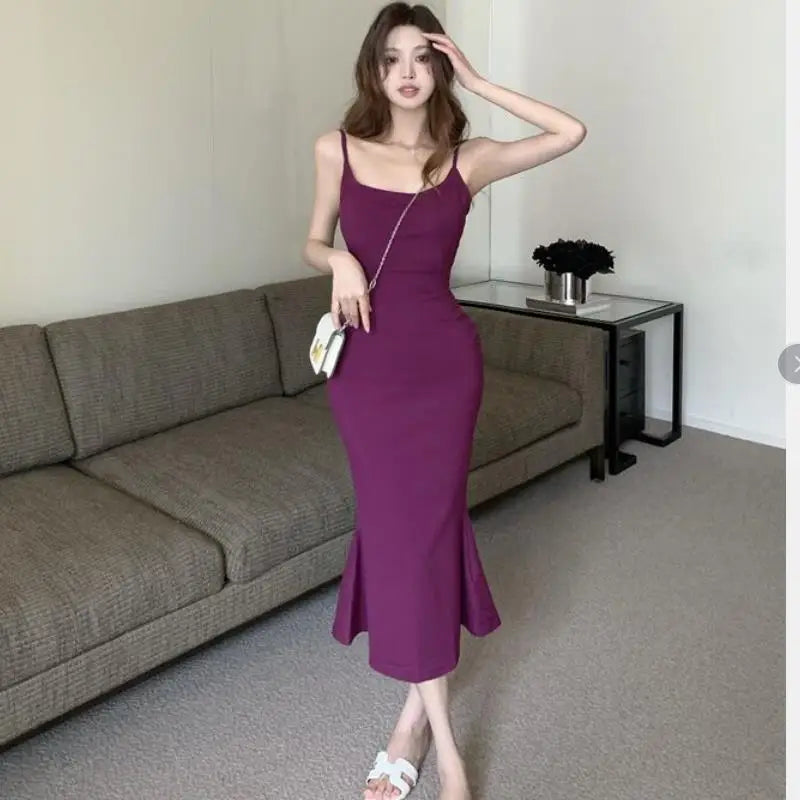 Summer Sexy Purple Streetwear Sleeveless Backless Solid Spaghetti Strap Dresses