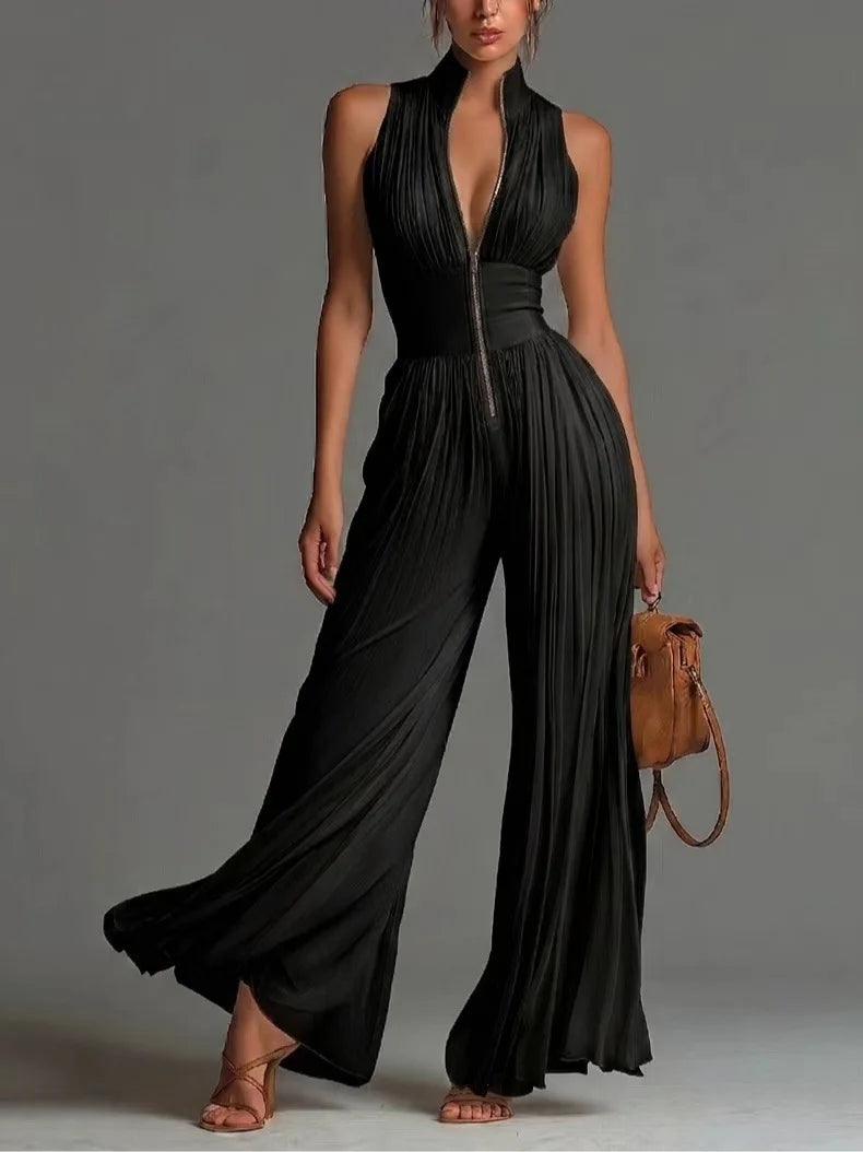 Fashion Sexy Deep V Neck Zip Jumpsuit