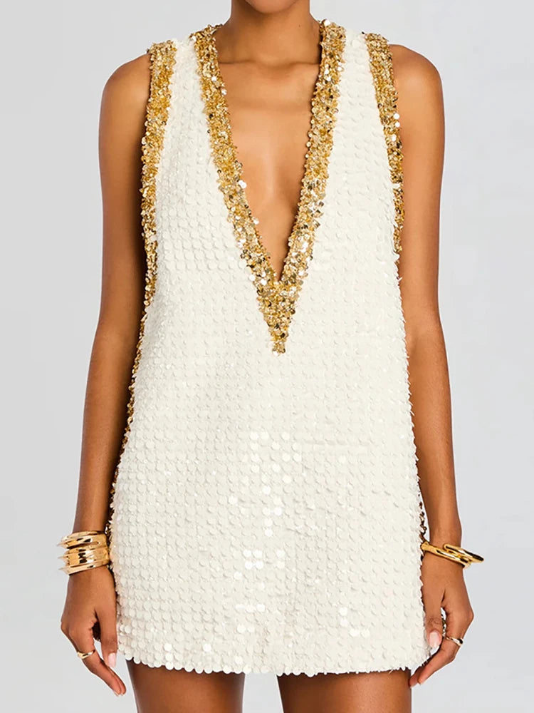 New Women Summer Deep V Neck Sequins Patchwork Mini Dress