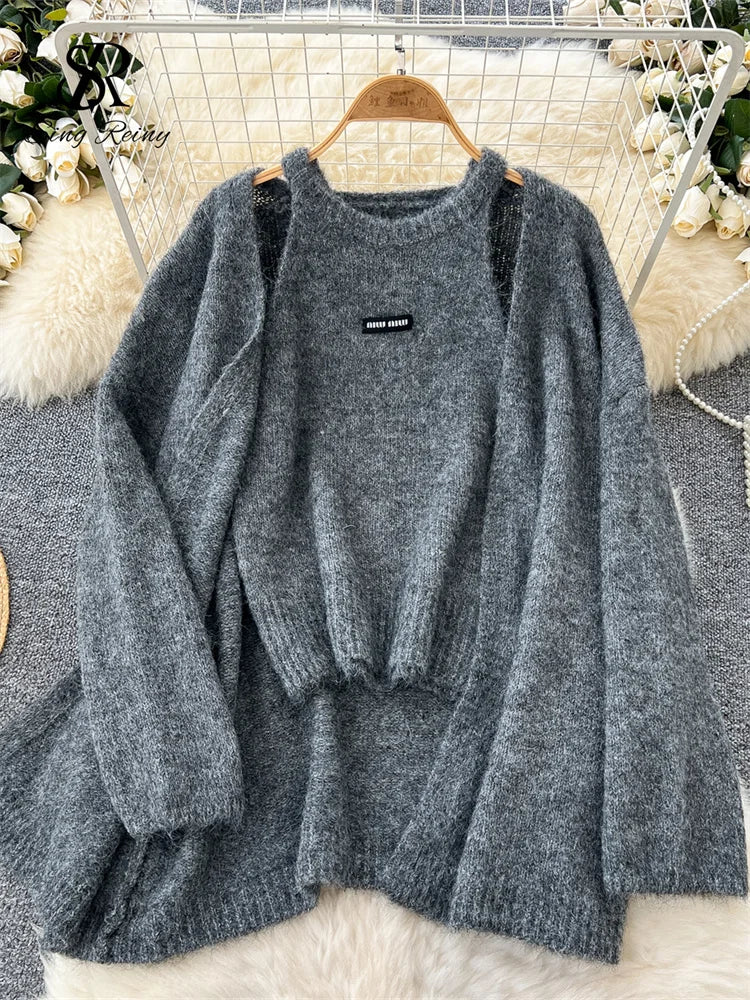 Long Sleeves Loose Warm Cardigan+Sleeveless Knitting Tank Top