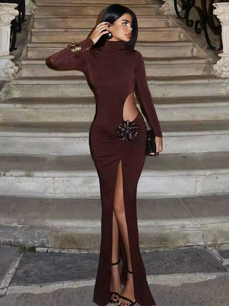 Turtleneck Long Sleeve Solid Hollow Out Thigh High Split Bodycon Sexy Maxi Dress