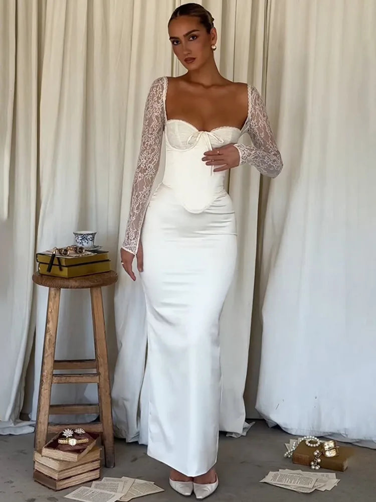 Lace Long Sleeve White Square Collar Backless Back Split Bodycon Club Party Long Dress