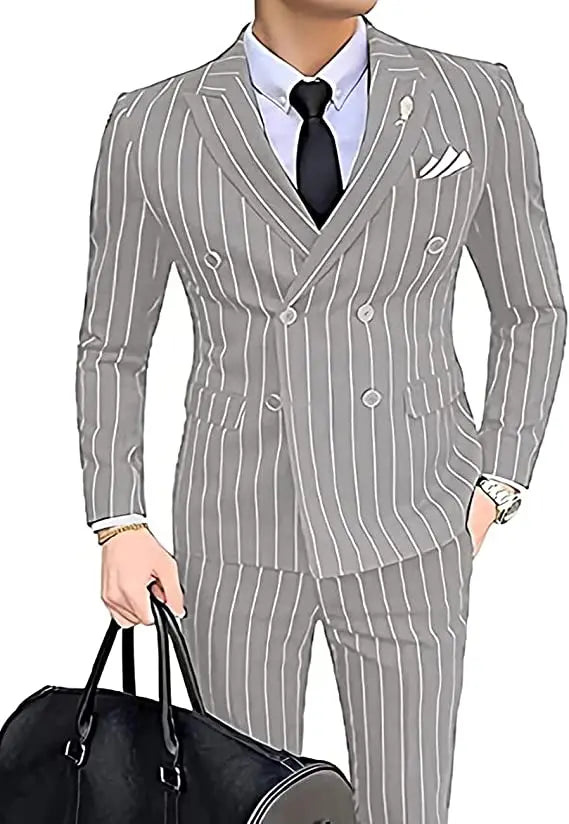 Double-breasted Wedding Groomman Pinstripe Notched Lapel For  (Blazer+Pants)
