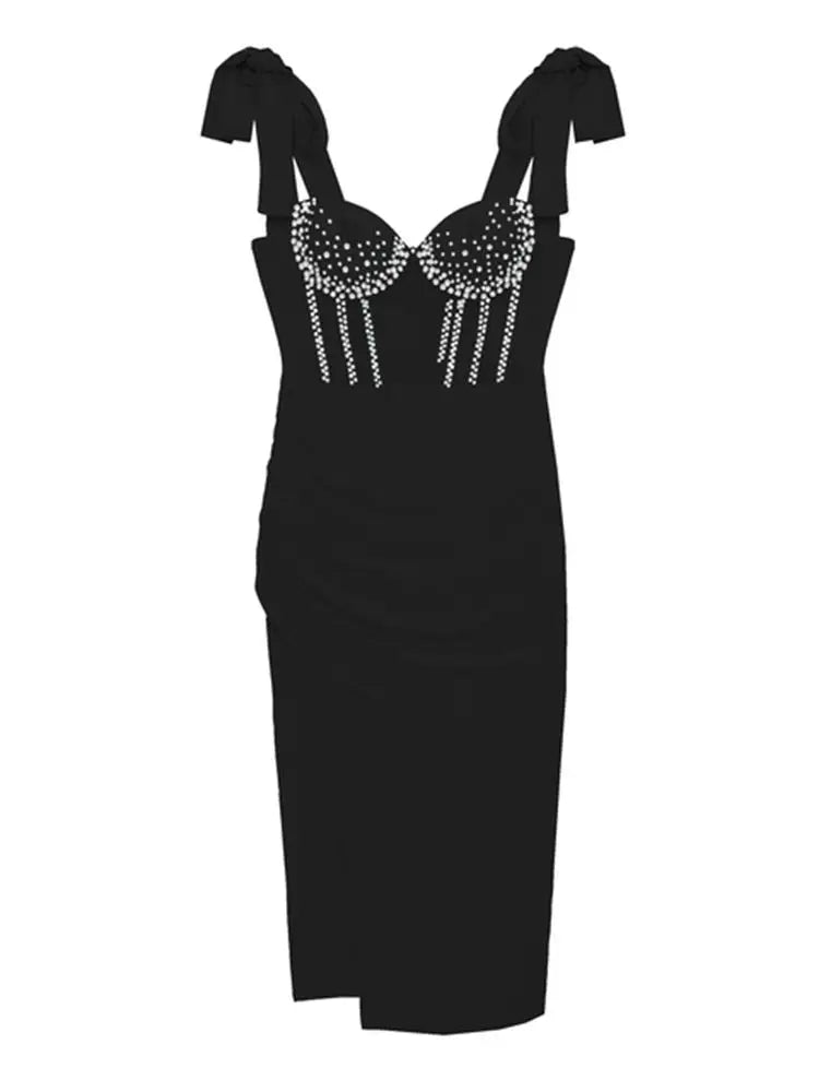 Sexy Spaghetti Strap Bow Diamond Patchwork Bodycon Bandage Dress