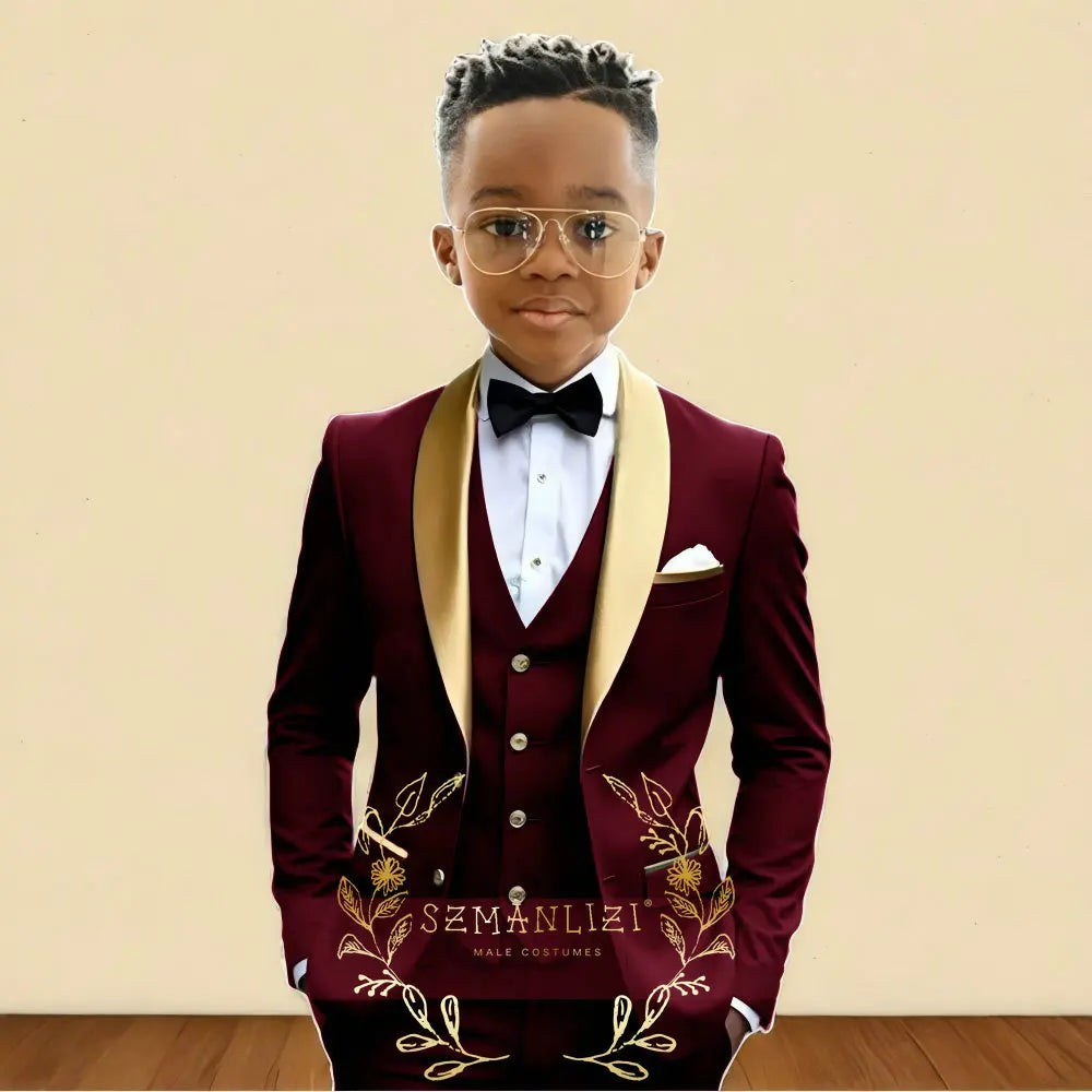 3‑Piece Boys Wedding Suit with Gold Shawl Lapel (2–16 Years)