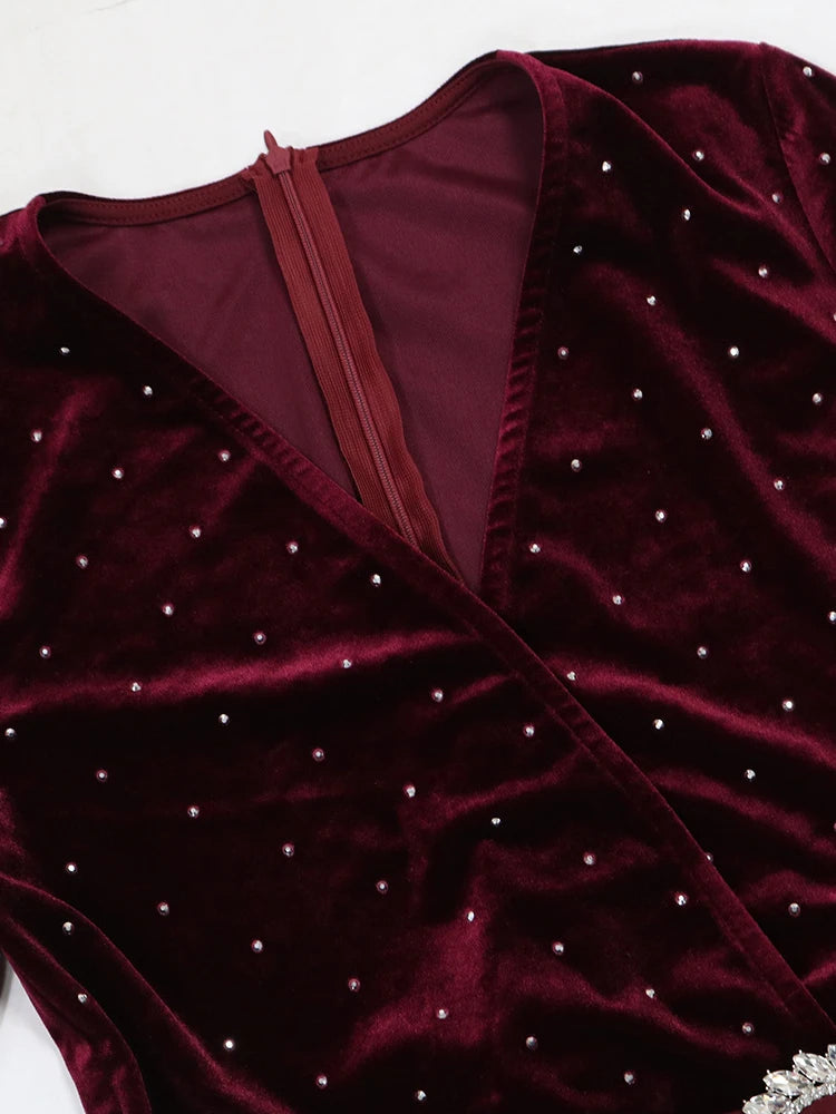 Sexy Velvet Patchwork Deep V Neck Flare Jumpsuits