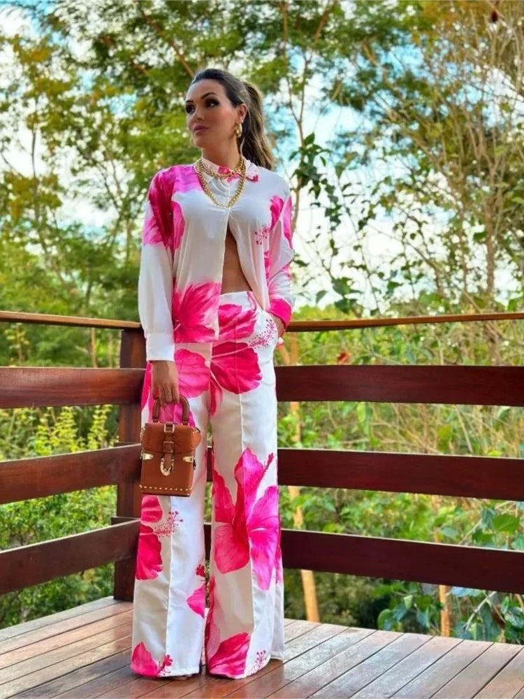 Floral Fashion Printed Shirt Spring Autumn Wide Leg Pants Two-piece Set