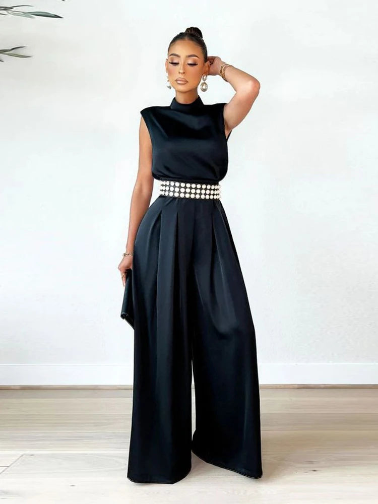 Spring Summer New Elegant Wide Leg Pants Bodysuit High Collar Sleeveless Jumpsuits