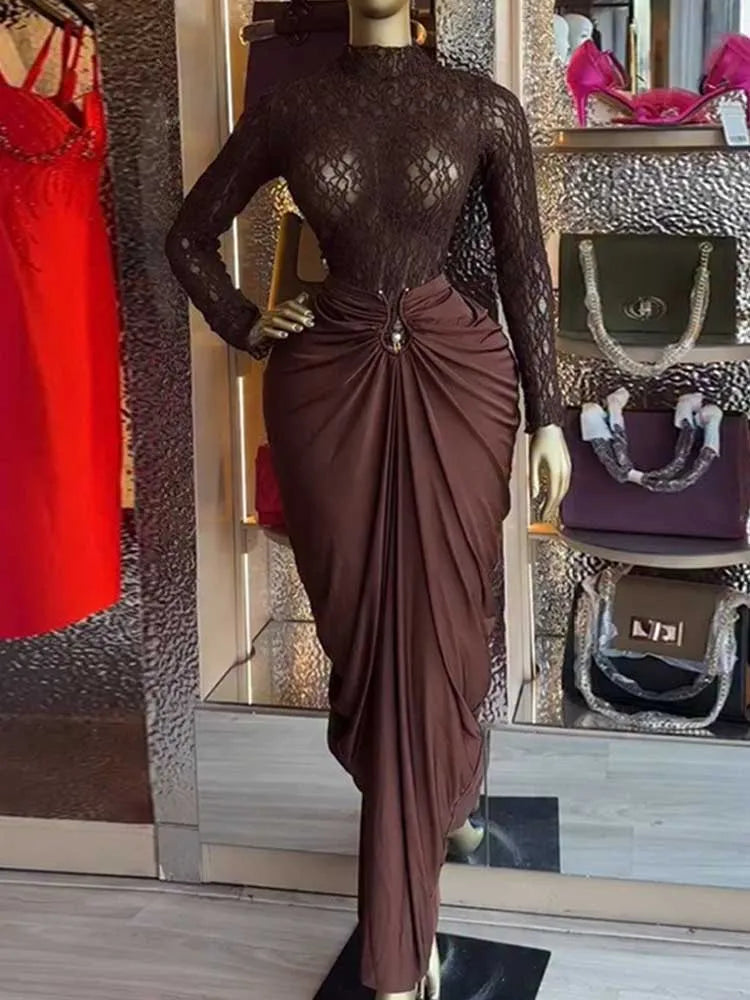 Brown Lace Top Long Sleeves Chic Pleated Long Skirt