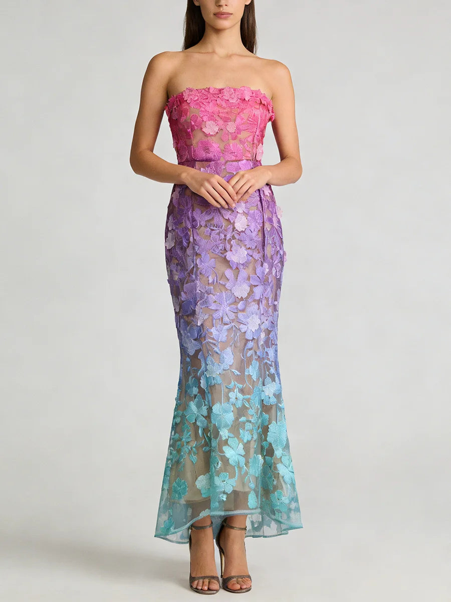 Gradient Spliced Embroidery Strapless Sleeveless Patchwork 3D Flower Long Dresses