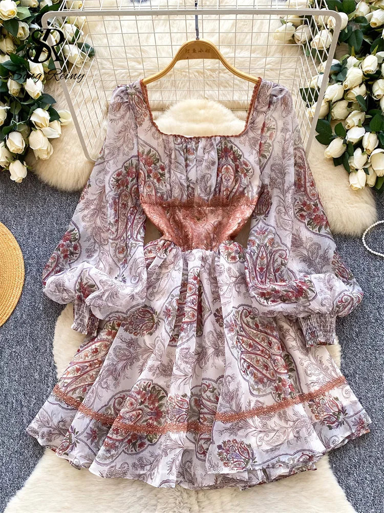Print Lace Chiffon Square Collar Lantern Sleeve Slim A-Line Dress