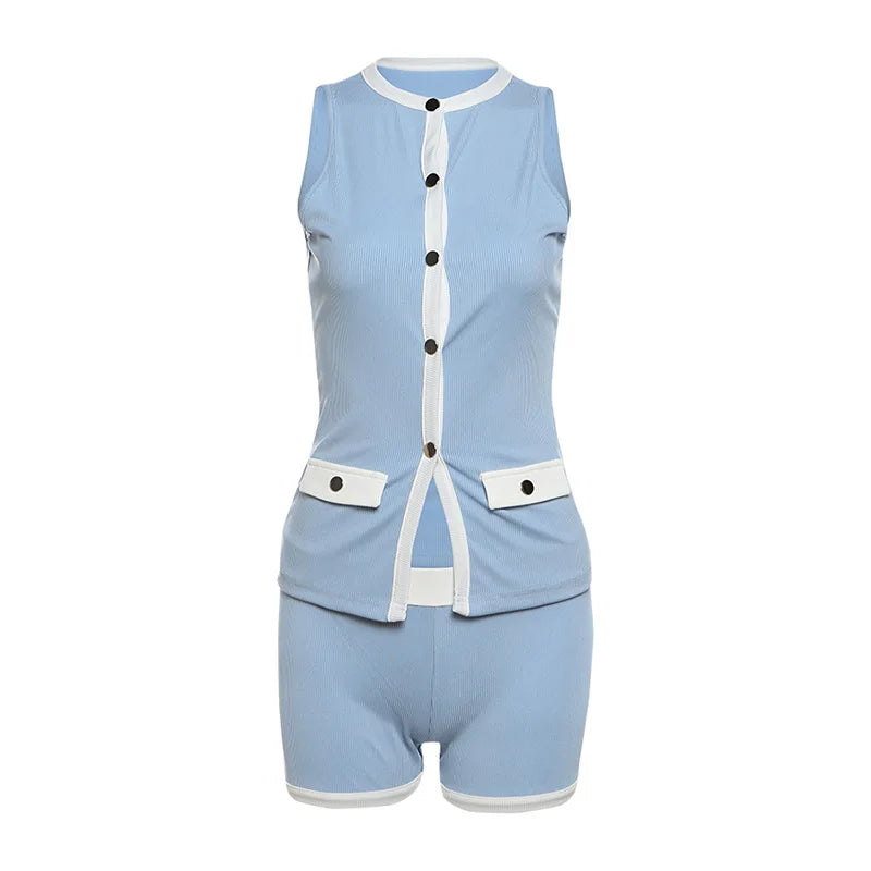 New Clashing Sleeveless Knit Cardigan Top Slim Shorts Set