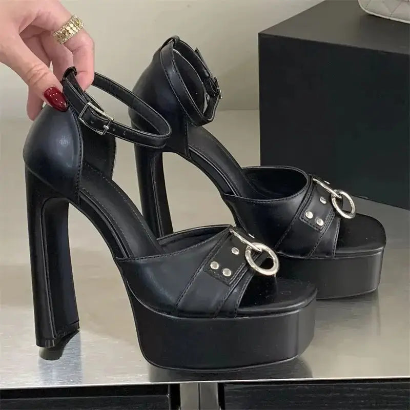 Solid Platform Buckle Strap Sandals Extreme Square Toe High Heels Shoes