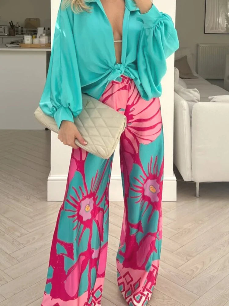 All Season Loose Casual Mid Waist Print Long Pants