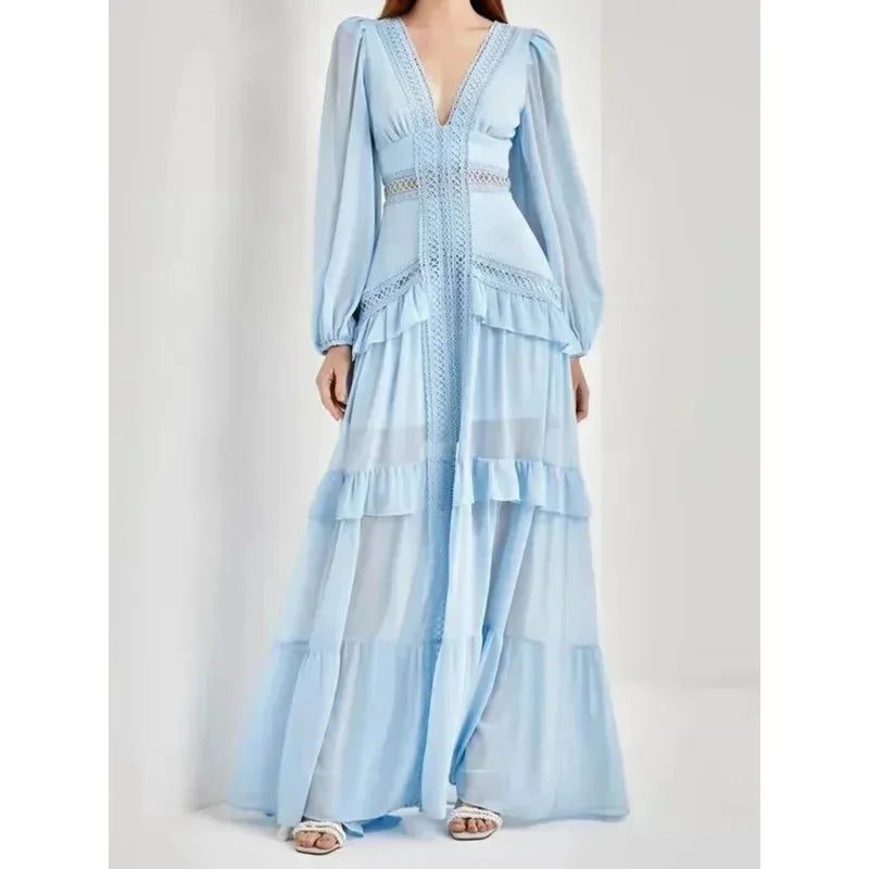Elegant Hollow Lace  Patchwork Ruffle Deep V Neck Lantern Sleeves Maxi Dresses