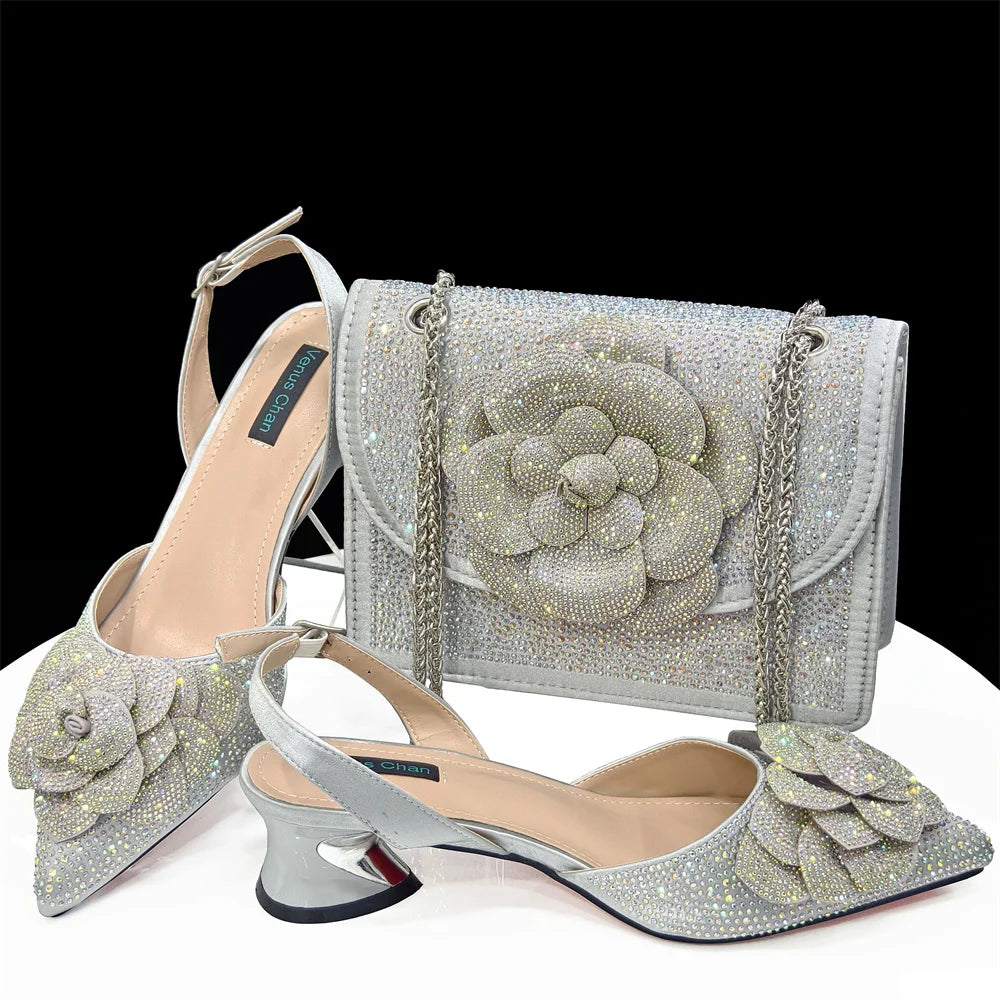 Italian Design Evening Shoes And Bags Paired With Handmade Petal Gold Colour Pointed Toe Mid-Heel Shoes For Women Party Shoes