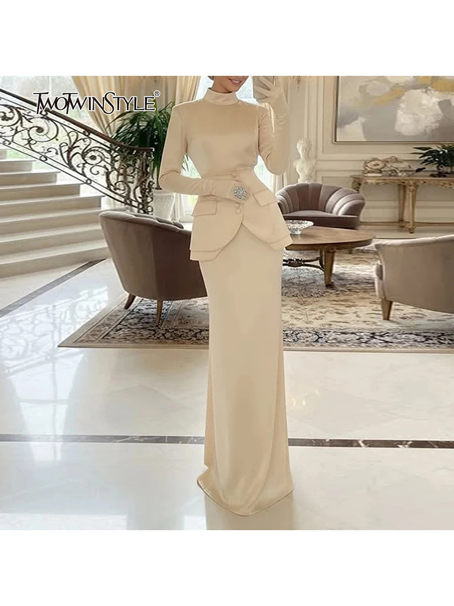 Solid Slimming  Stand Neck Long Sleeves Tunic Top High Waist Skirt Two Piece Sets