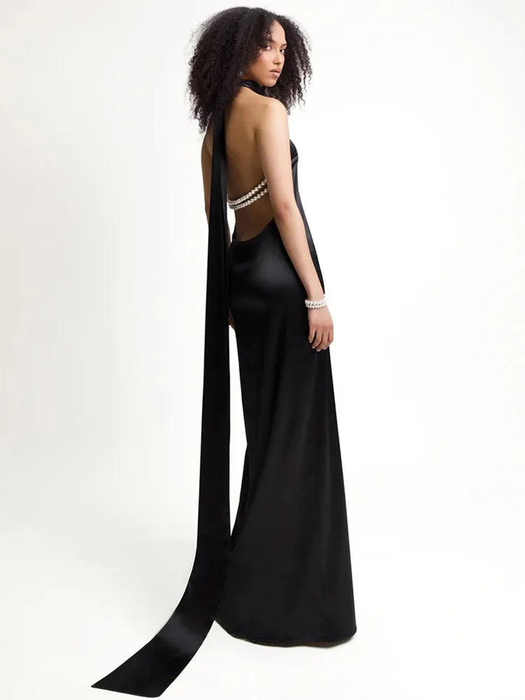 2024 Chic Sexy Backless Halter Pearl Black White Maxi Long Bodycon Dress