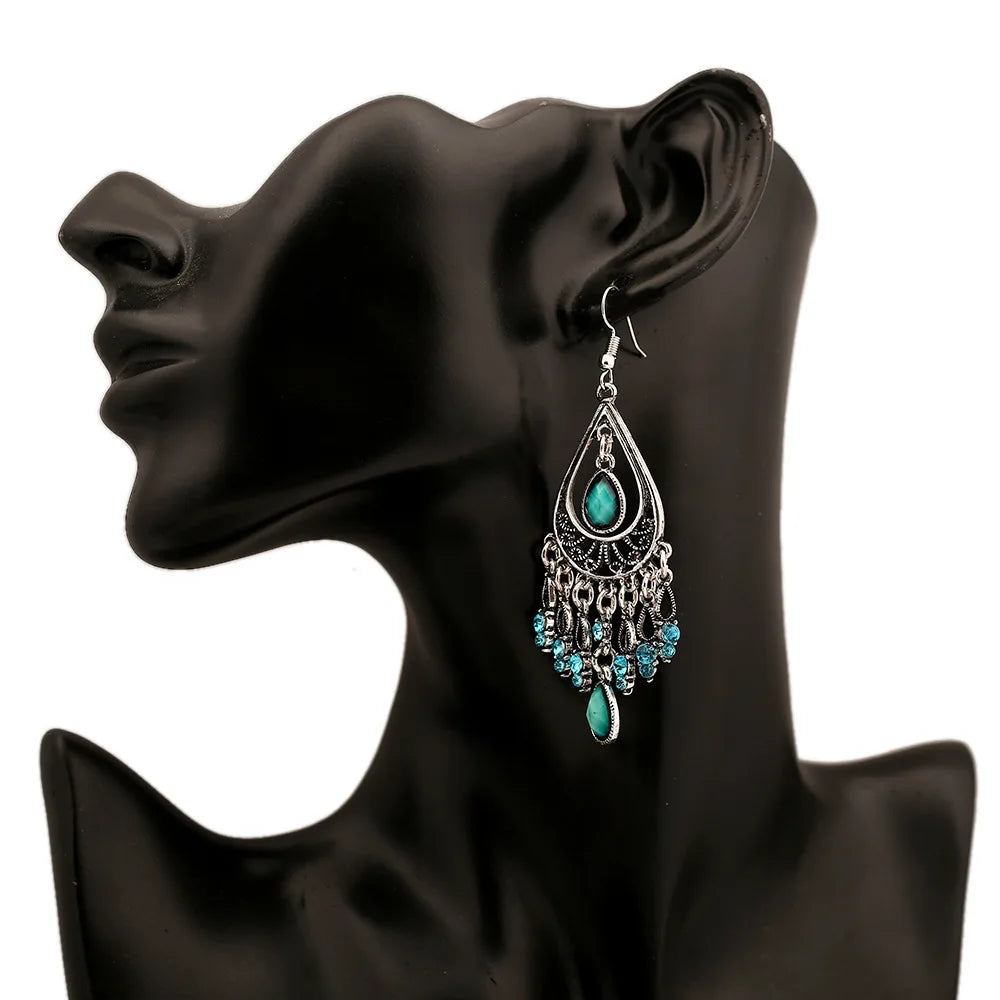Bohemian Ethnic Style Antique Silver Color Alloy Hollow Acrylic Resin Gems Water Droplet Tassel Earrings