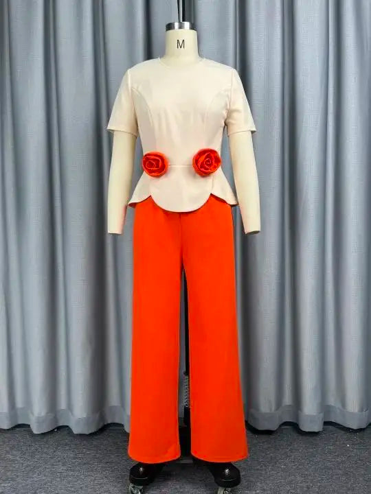 Women’s Colorblock 3D Flower Peplum Jumpsuit – Elegant Wide-Leg One-Piece for Office, Church & Special Events