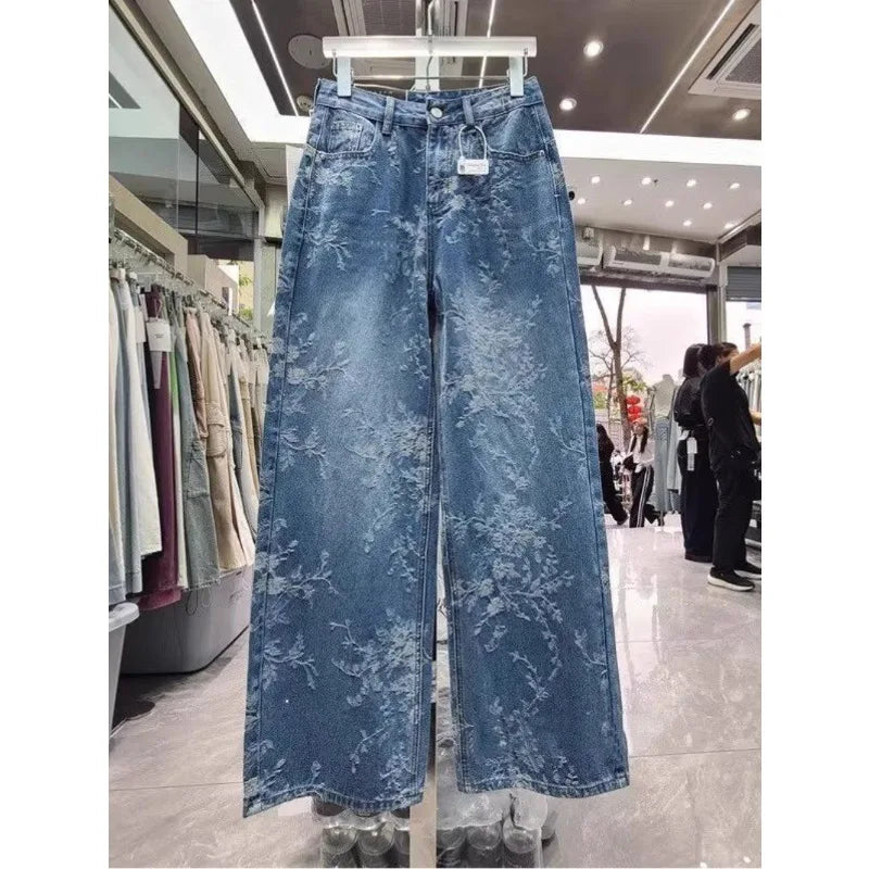 Korean Jacquard Wide-Leg Jeans